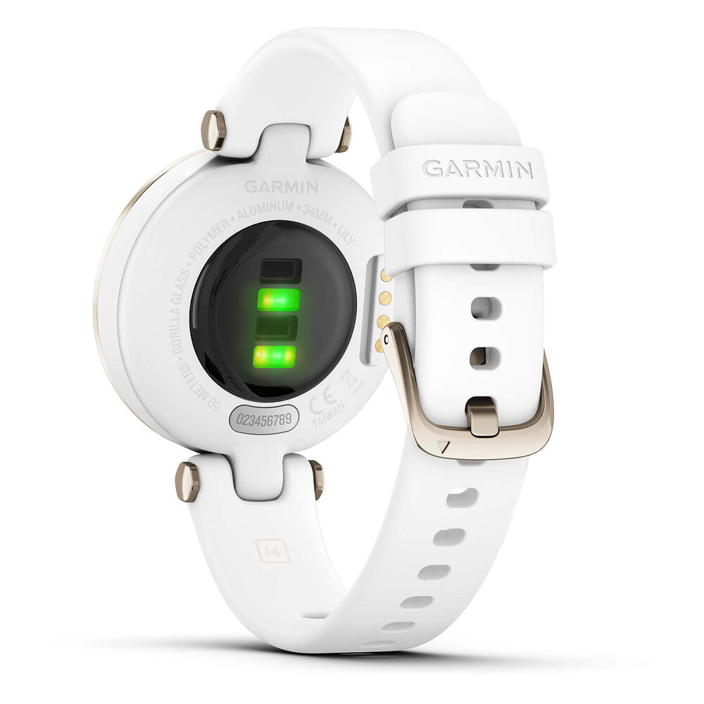Garmin Lily Sport Cream Gold Bezel White Case Silicone Strap Watch image number 3