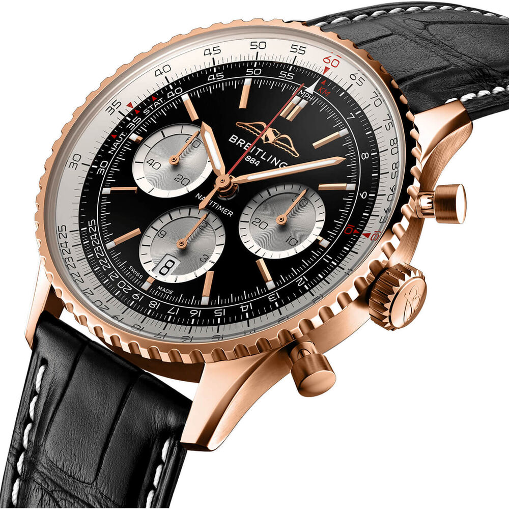 Breitling 18ct Navitimer B01 Chronograph 43 Black Dial Silver Details Black Strap Watch image number 1