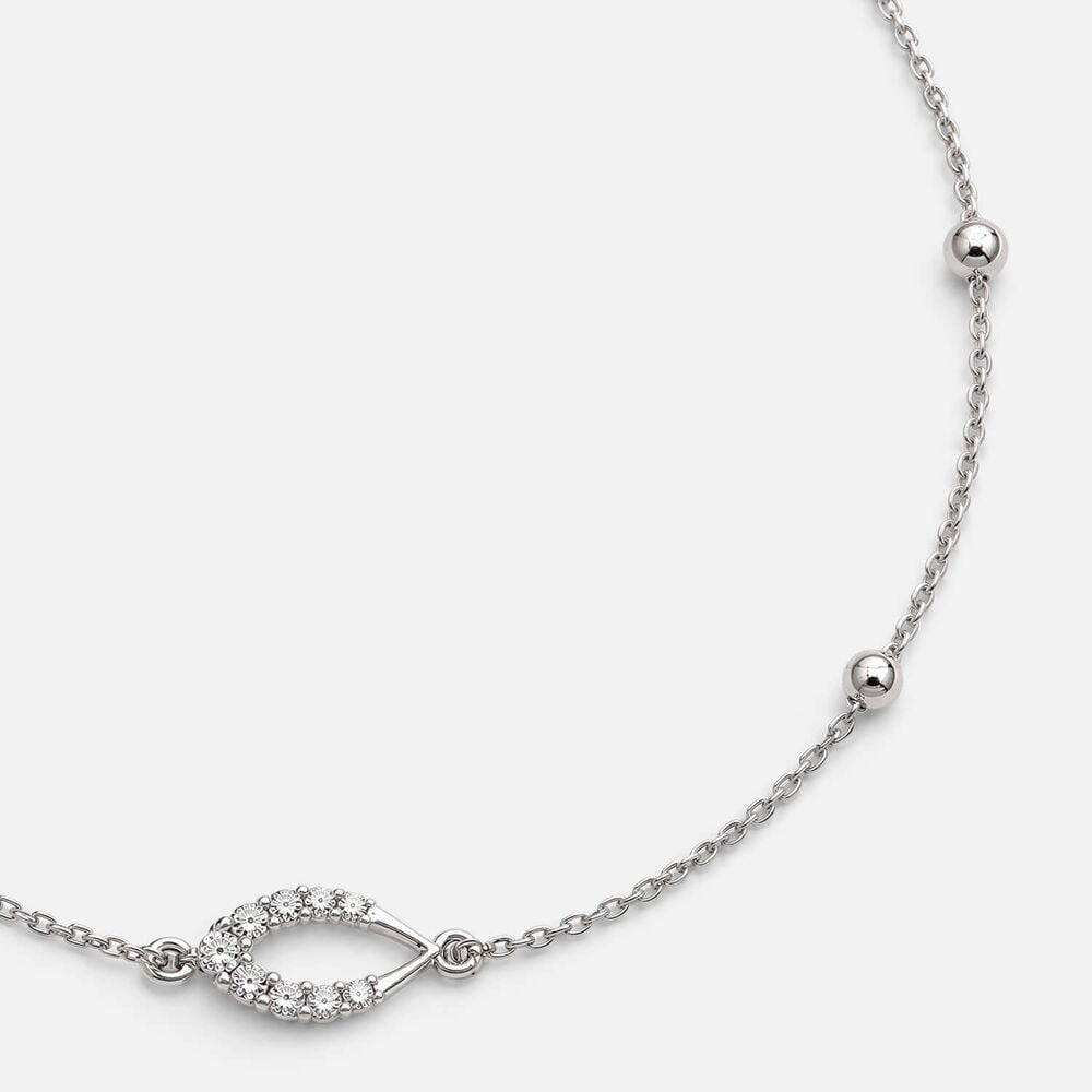 9ct White Gold Beaded Chain Open Oval Cubic Zirconia Set Charm Bracelet