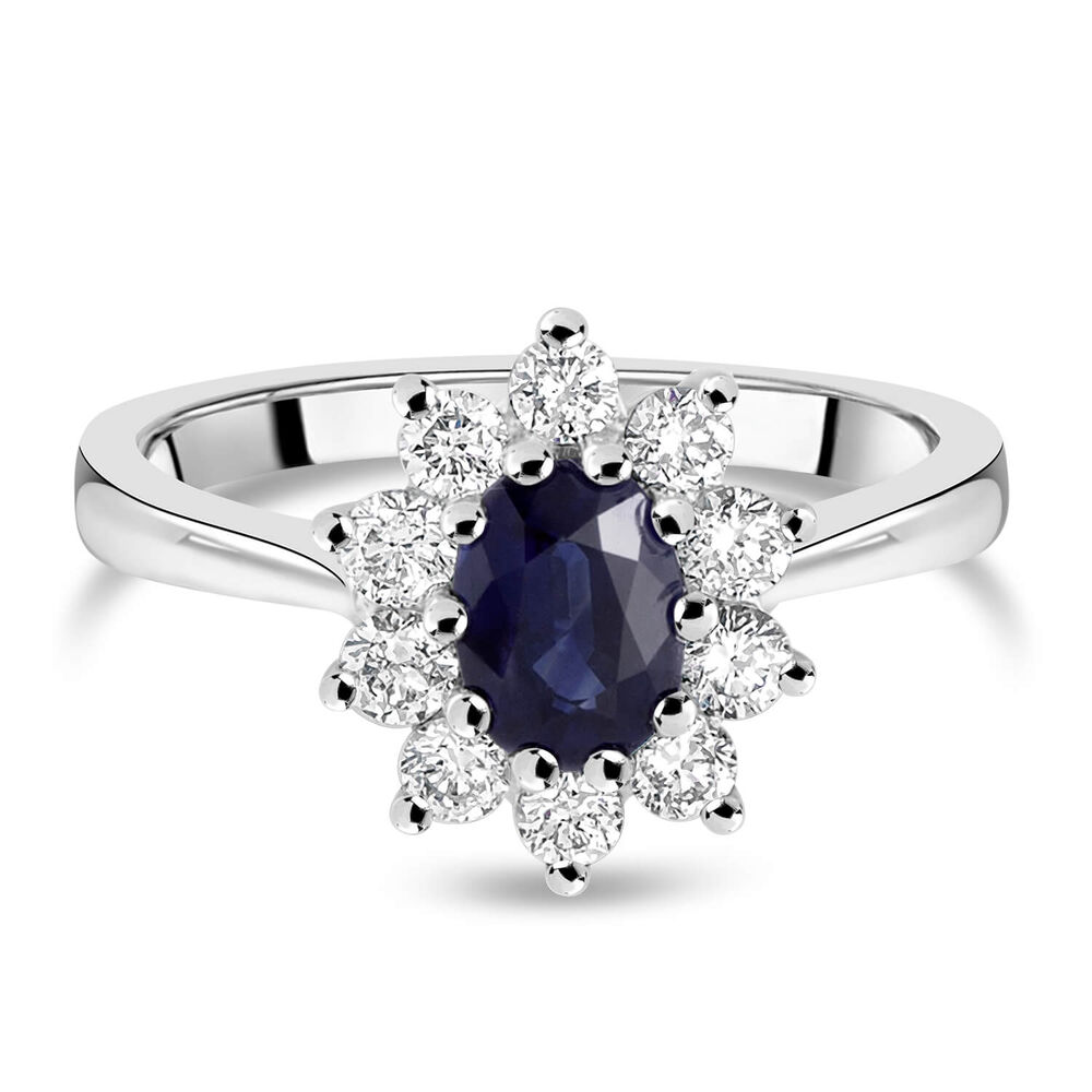18ct white gold sapphire and 0.60 carat diamond cluster ring image number 1