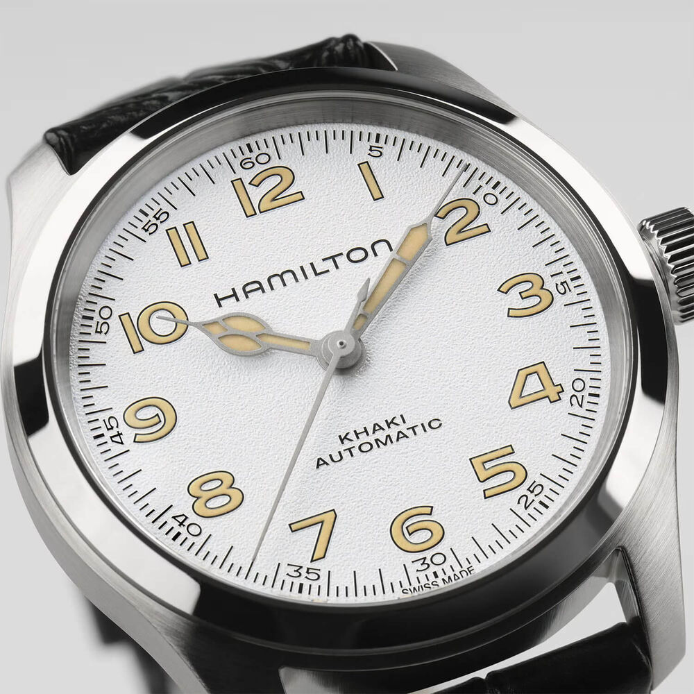 Hamilton Khaki Field Murph 38mm White Dial Steel Case Black Leather Strap Watch image number 1