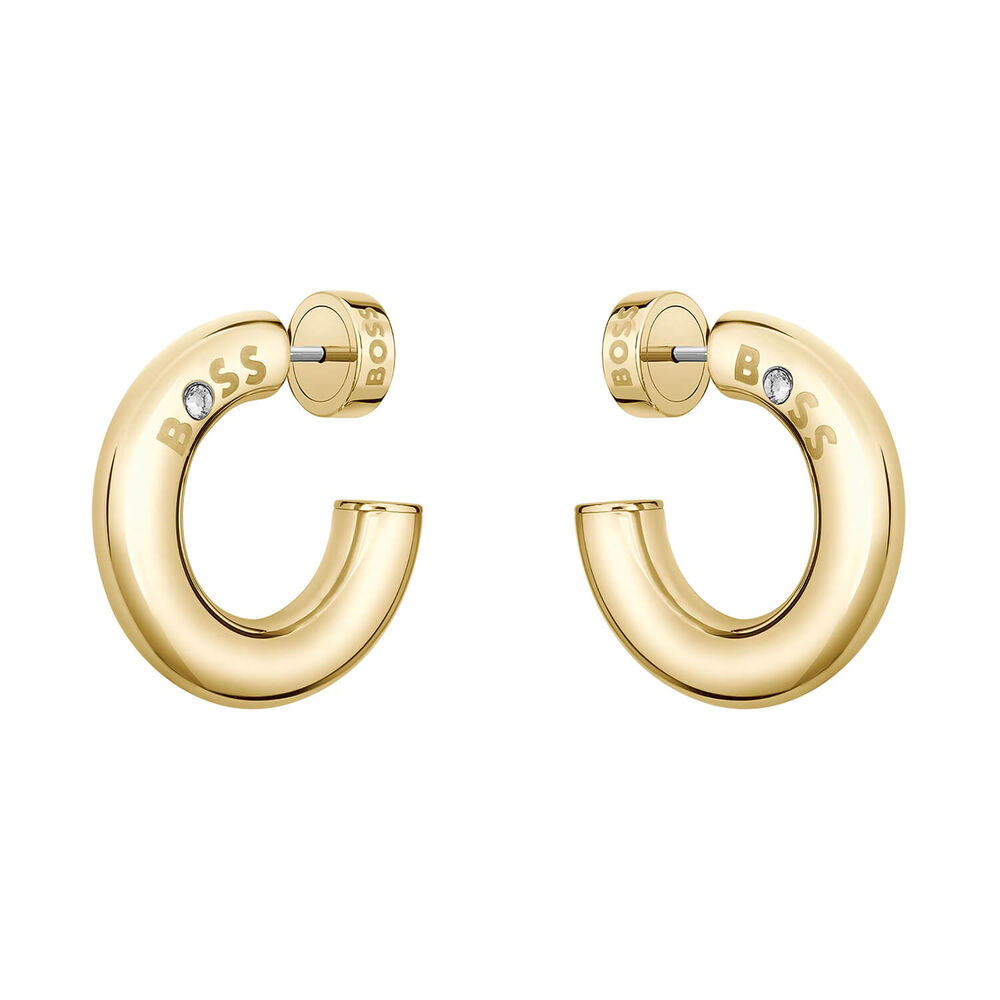BOSS Live Gold Tone Steel Logo Detail Hoop Earrings