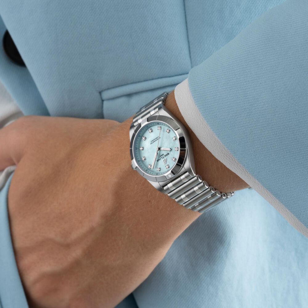 Breitling Chronomat 28mm Light Blue MOP Dial Diamond Dots Steel Bracelet Watch image number 3