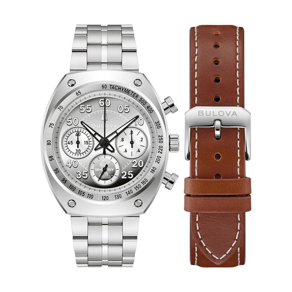 Bulova Shelby Racer Daytona Coupe 40.5mm Silver Dial Steel Bracelet & Brown Leather Strap Watch