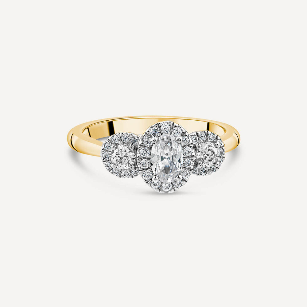 Orchid Setting 18ct Yellow Gold 0.75ct 3 Stone Oval Centre Halo Diamond Engagement Ring image number 2