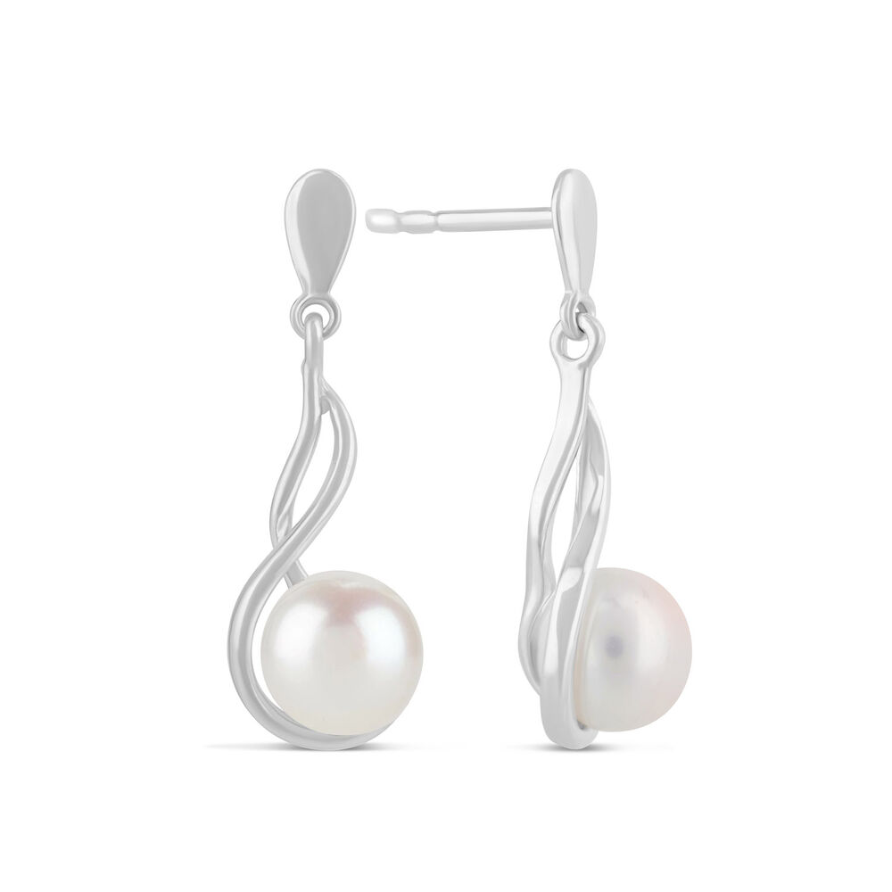 9ct White Gold Freshwater Pearl Note Drop Earrings image number 2