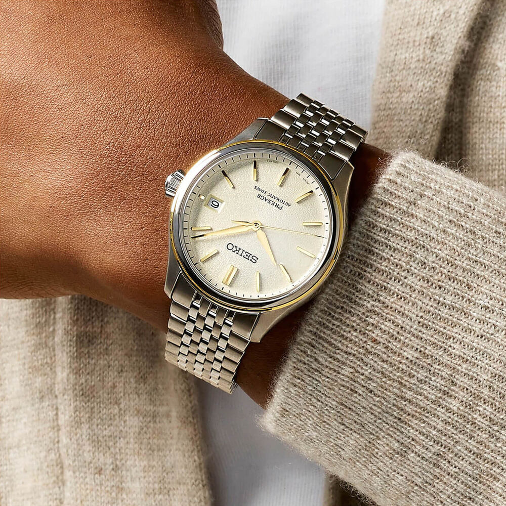 Seiko Presage Classic Series 40.2mm Delicate Cream Silk Dial Steel Bracelet Watch image number 6