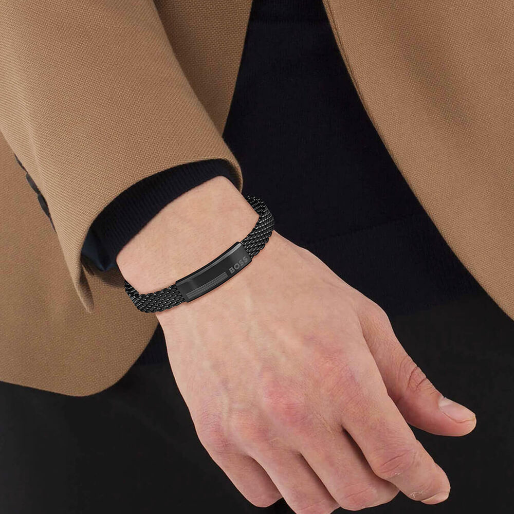 BOSS Alen Black IP Stainless Steel Signature Plate Bracelet