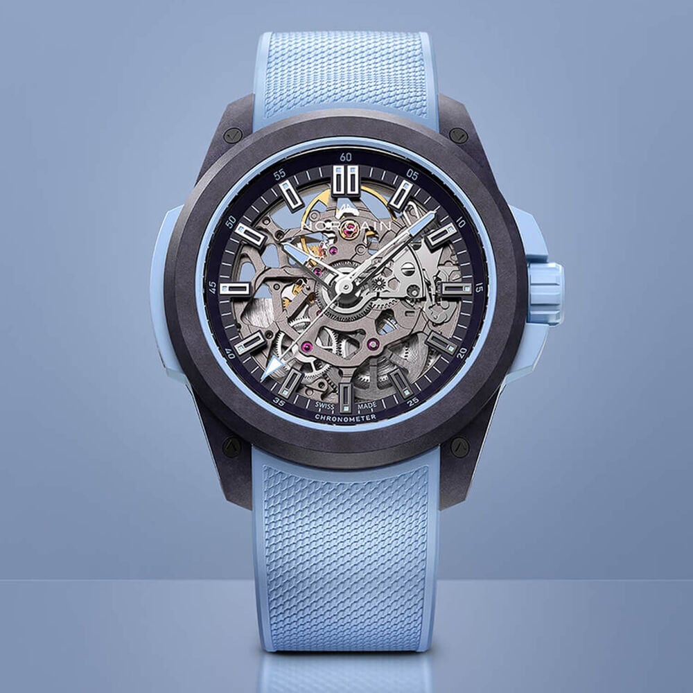 NORQAIN Wild ONE Skeleton 39mm Purple Dial Ice Blue Rubber Strap Watch