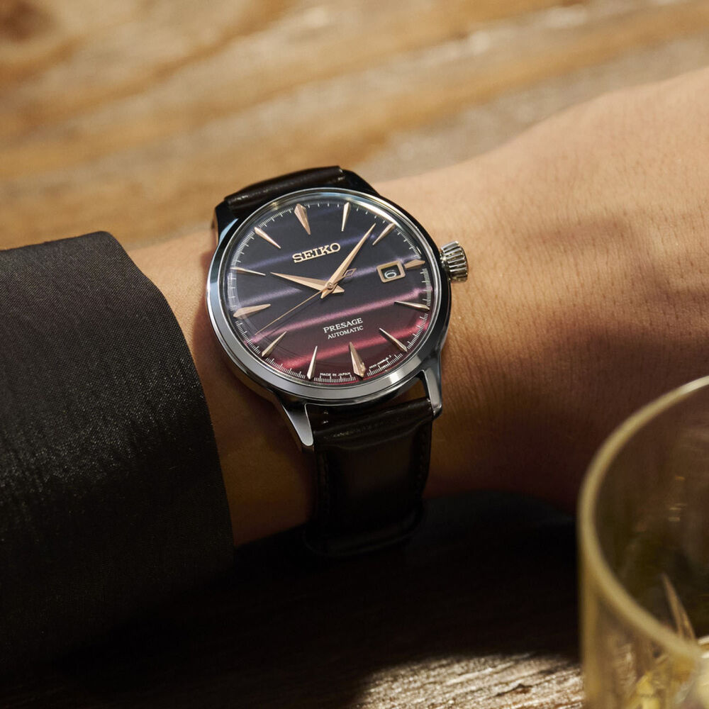 Presage 'Purple Sunset' Cocktail Time Limited Edition 40.5mm Black Dial Leather Strap Watch