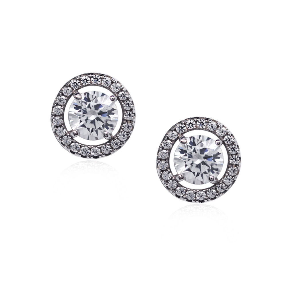 CARAT* London Silver Border Set Stud Earrings 6.75mm Cut Centre Stone