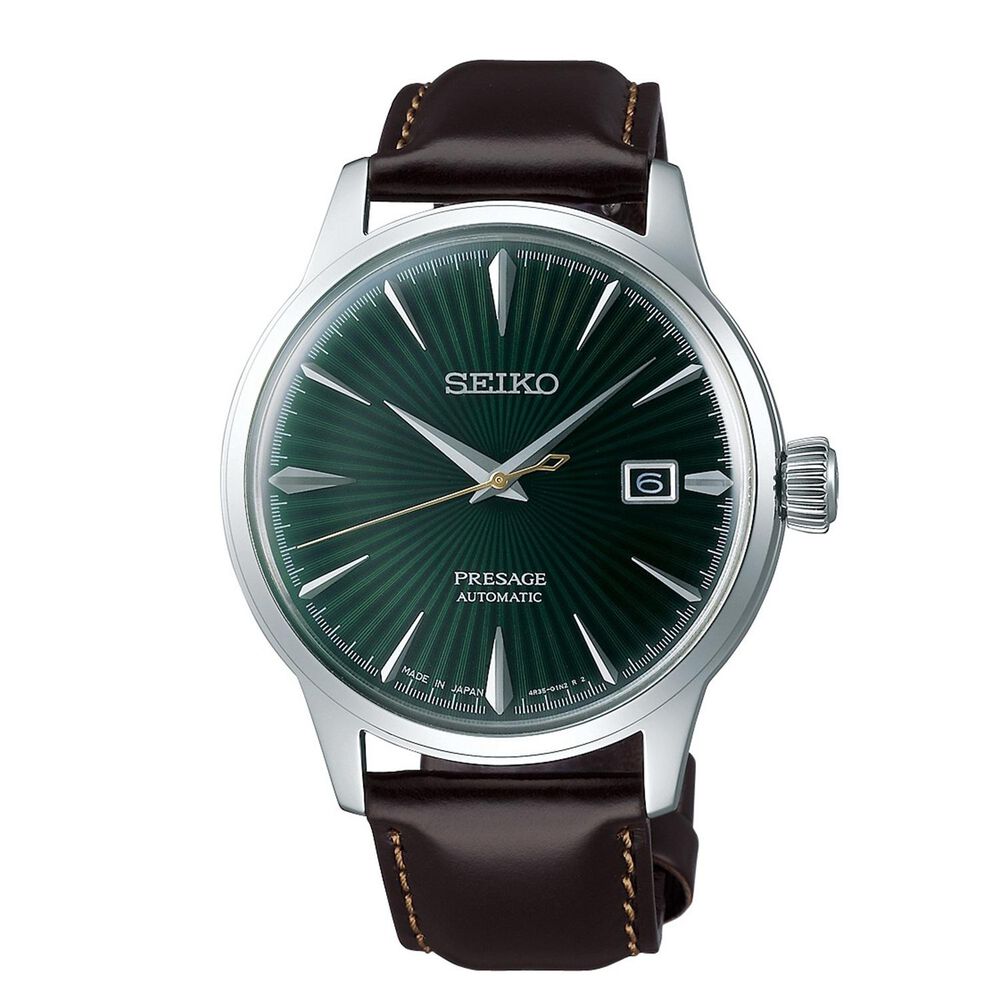 Seiko Presage Cocktail Time &lsquo;Mockingbird&rsquo; 40.5mm Green Dial Brown Leather Strap Watch