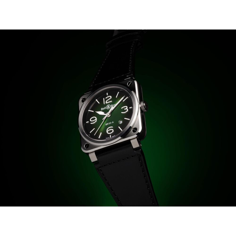 Bell & Ross BR-03 Auto 41mm Green Dial Leather Strap Watch