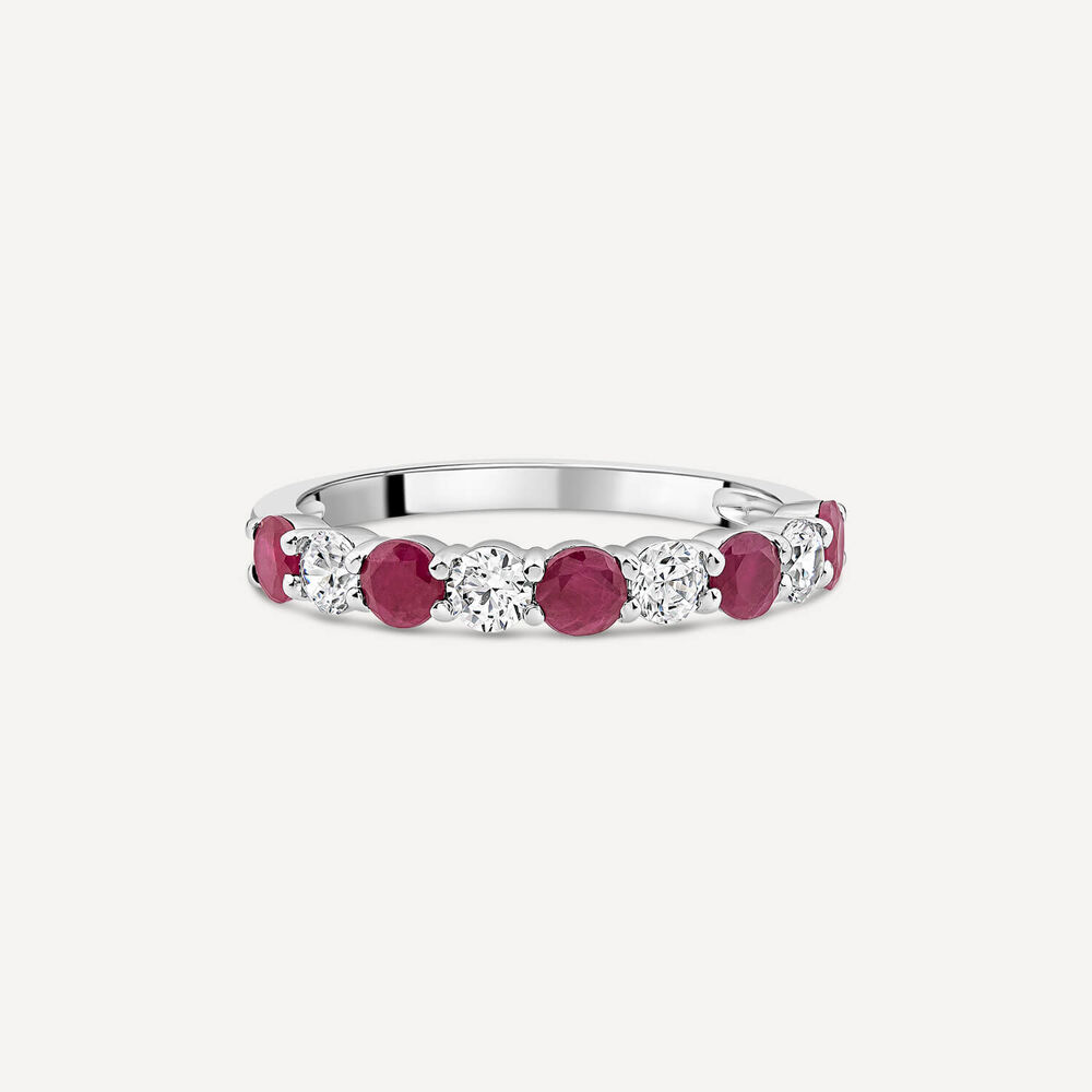 Platinum 9 Stones Ruby & 0.38ct Diamond Band Ring image number 2
