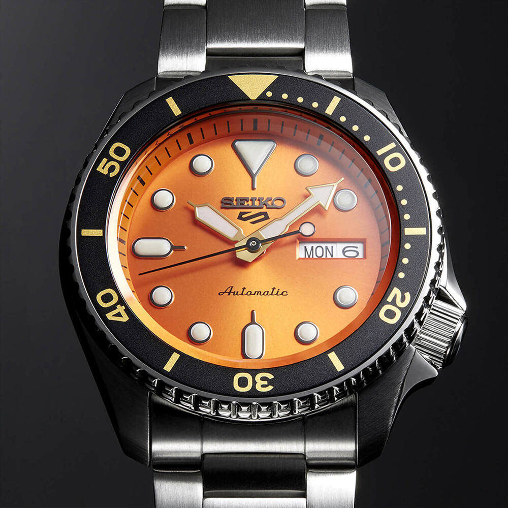 Seiko 5 Sports 42.5mm Orange Dial Stainless Steel Bracelet Watch