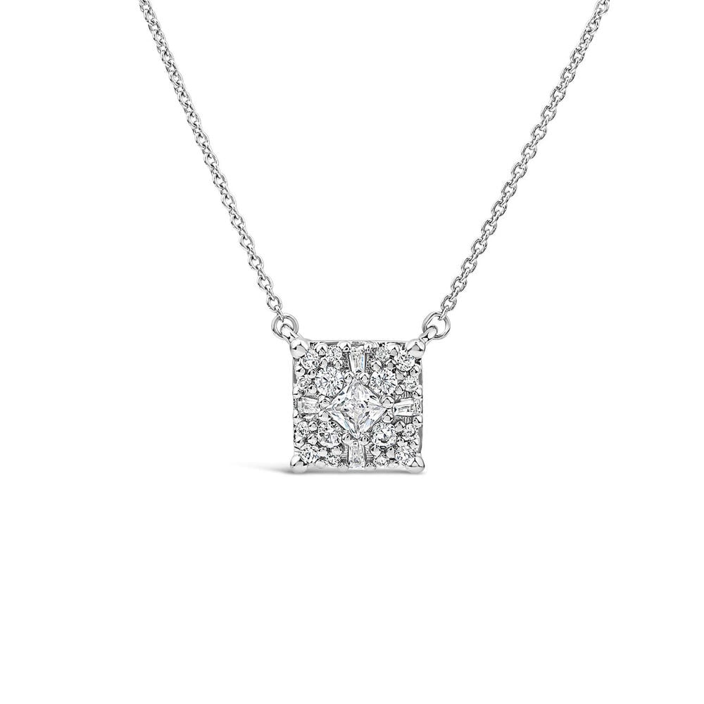 9ct White Gold 0.33ct Cluster Baguette & Round Diamond Square Shaped Pendant image number 0