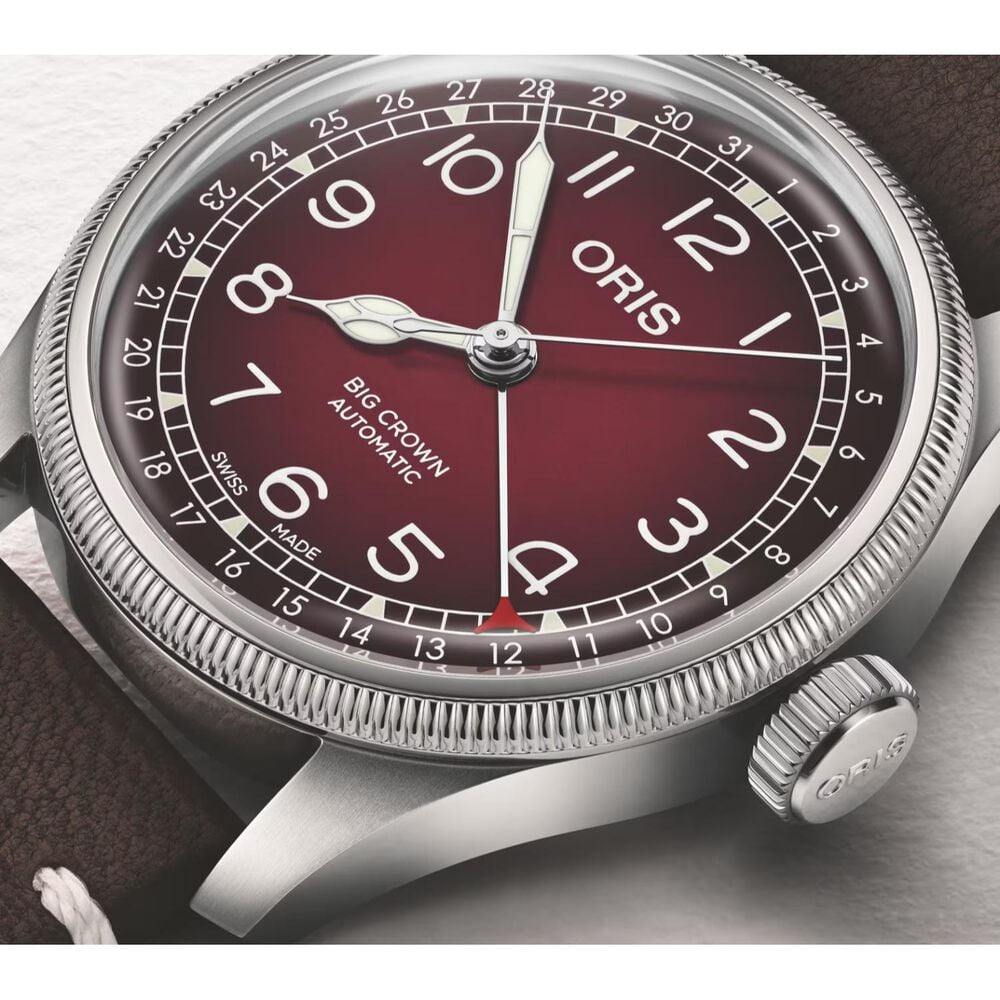 Oris x Cervo Volante Big Crown 40mm Burgundy Dial Brown Leather Strap Watch