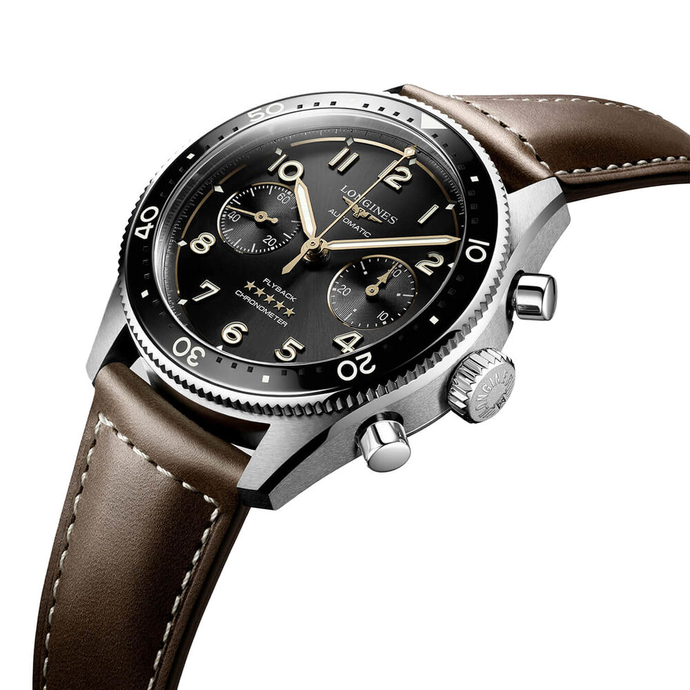 Longines Spirit Flyback 42mm Black Chronograph Dial Brown Strap Watch