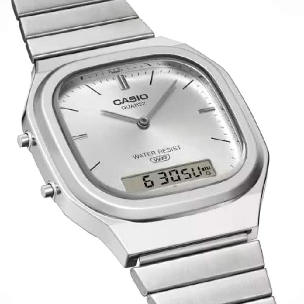 Casio Vintage 40.9x35.8mm Silver Dial Dual Display Stainless Steel Bracelet Watch image number 2