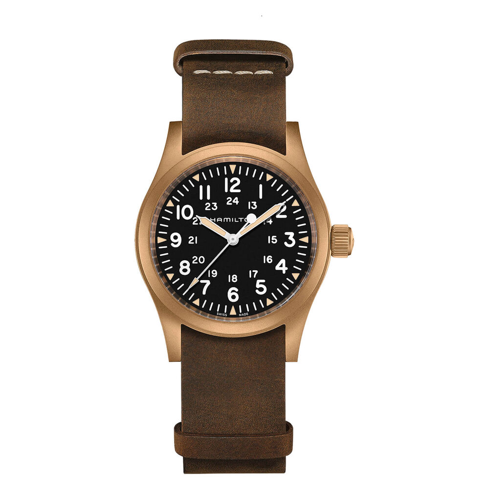 Hamilton Khaki Field 42mm Black Dial Bronze Case Leather Strap Watch image number 0