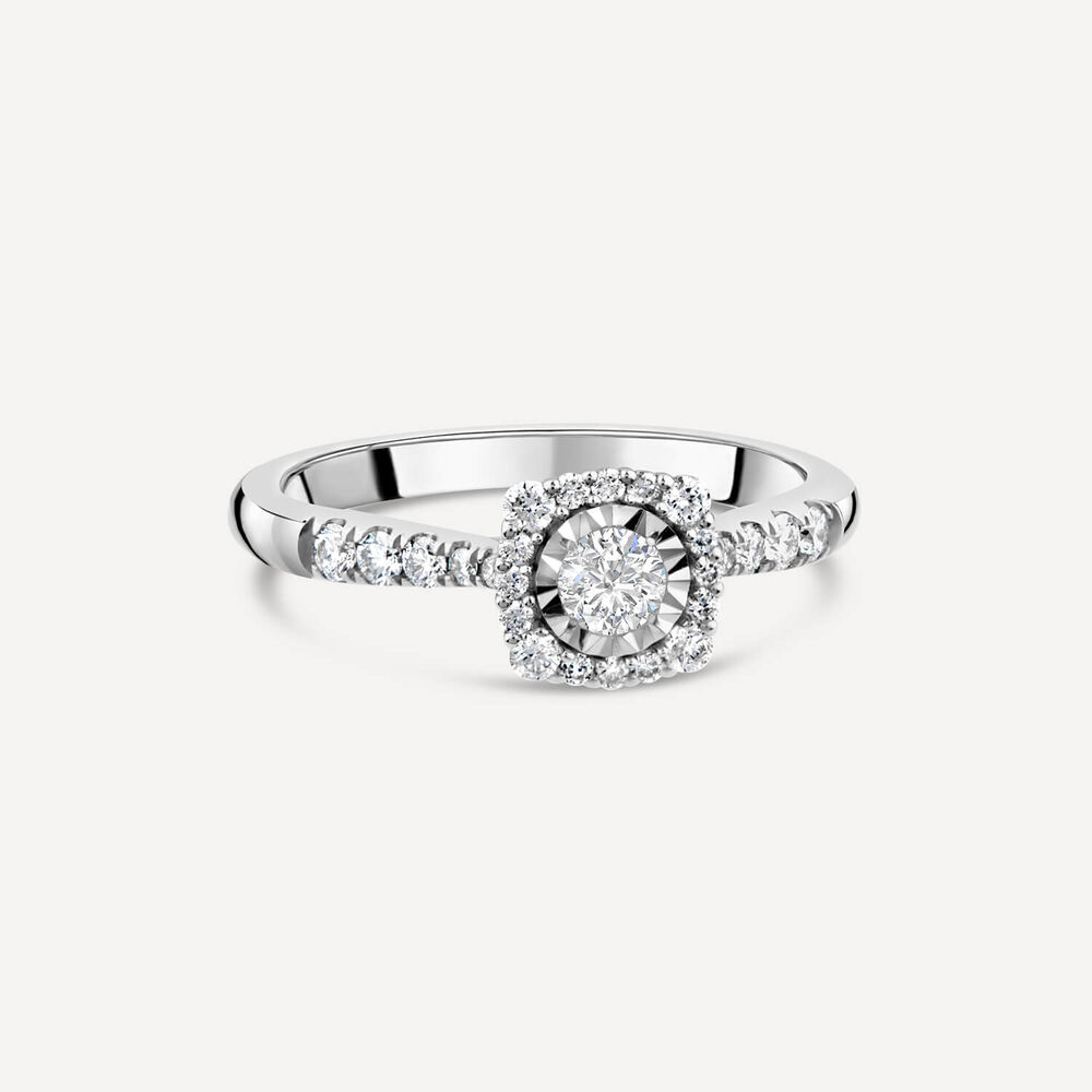 9ct White Gold 0.39ct Square Illusion Diamond Halo Shoulders Ring image number 2