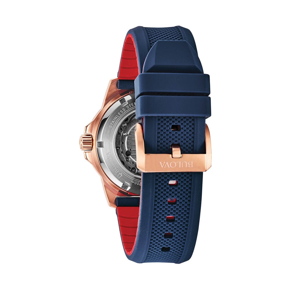 Bulova Marine Star Series A Automatic 45mm Blue Dial Rose Gold Tone Case Silicone Strap Watch image number 1