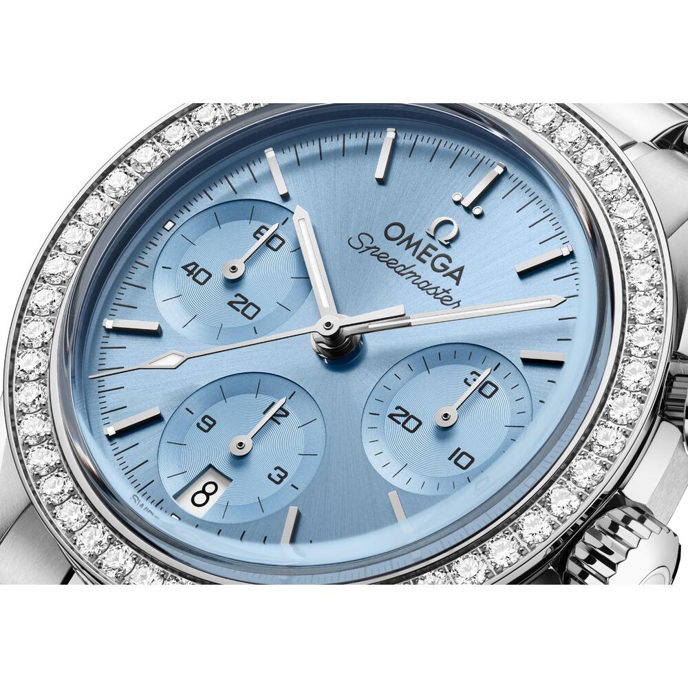 OMEGA Speedmaster 38mm Ice Blue Dial Diamond Set Bezel Steel Bracelet Watch