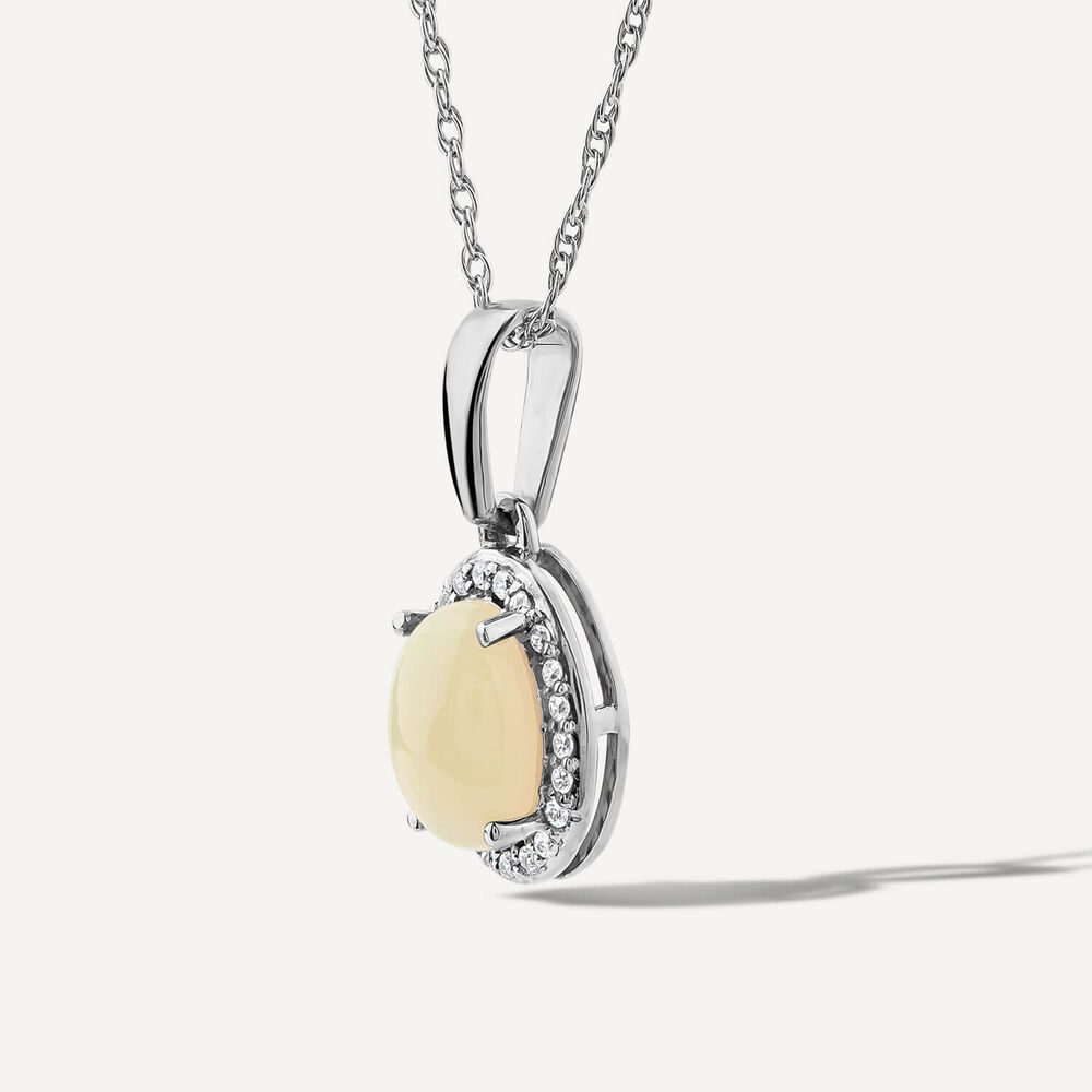 9ct White Gold Oval Opal & 0.06ct Diamond Halo Pendant image number 1