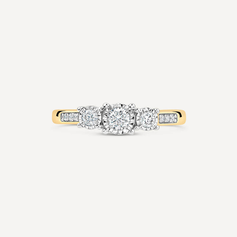 9ct Yellow Gold 0.33ct Illusion Three Stones & Diamond Shoulders Ring image number 1