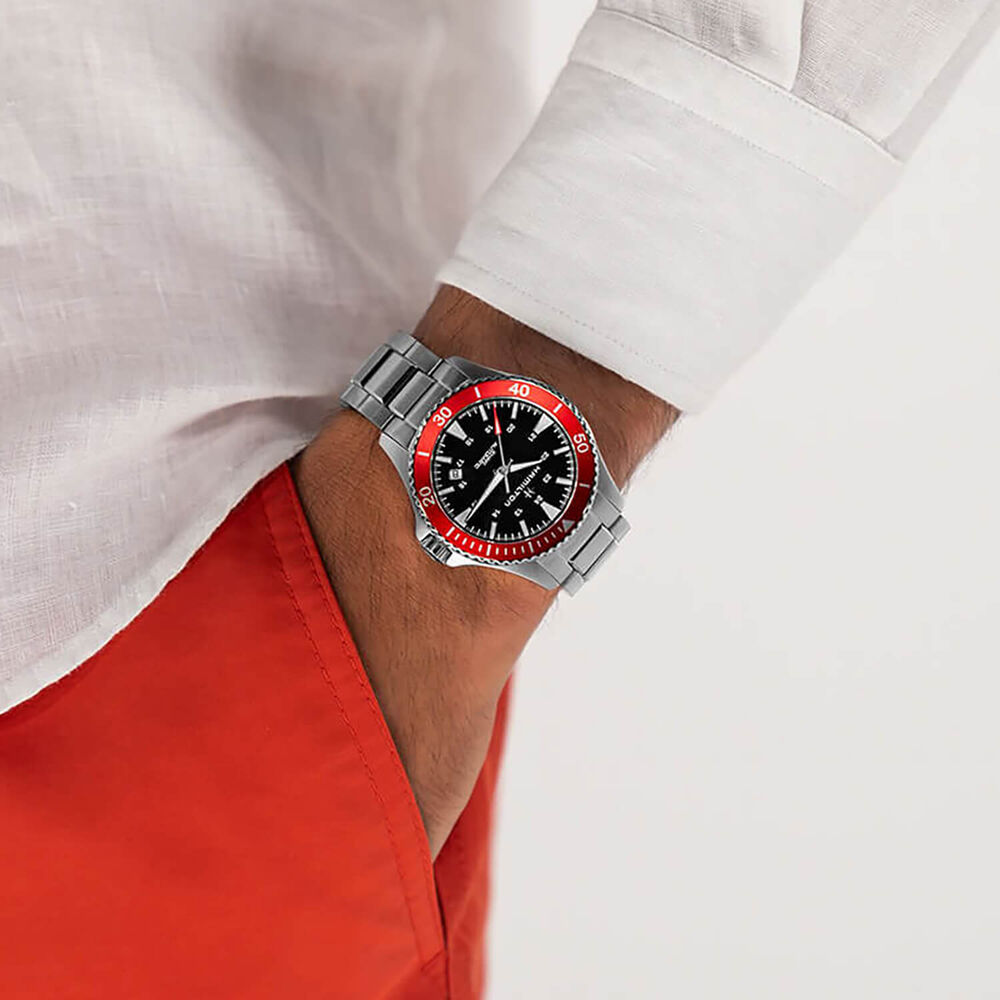 Hamilton Khaki Navy Scuba Auto 40mm Black Dial Red Bezel Steel Bracelet Watch image number 5
