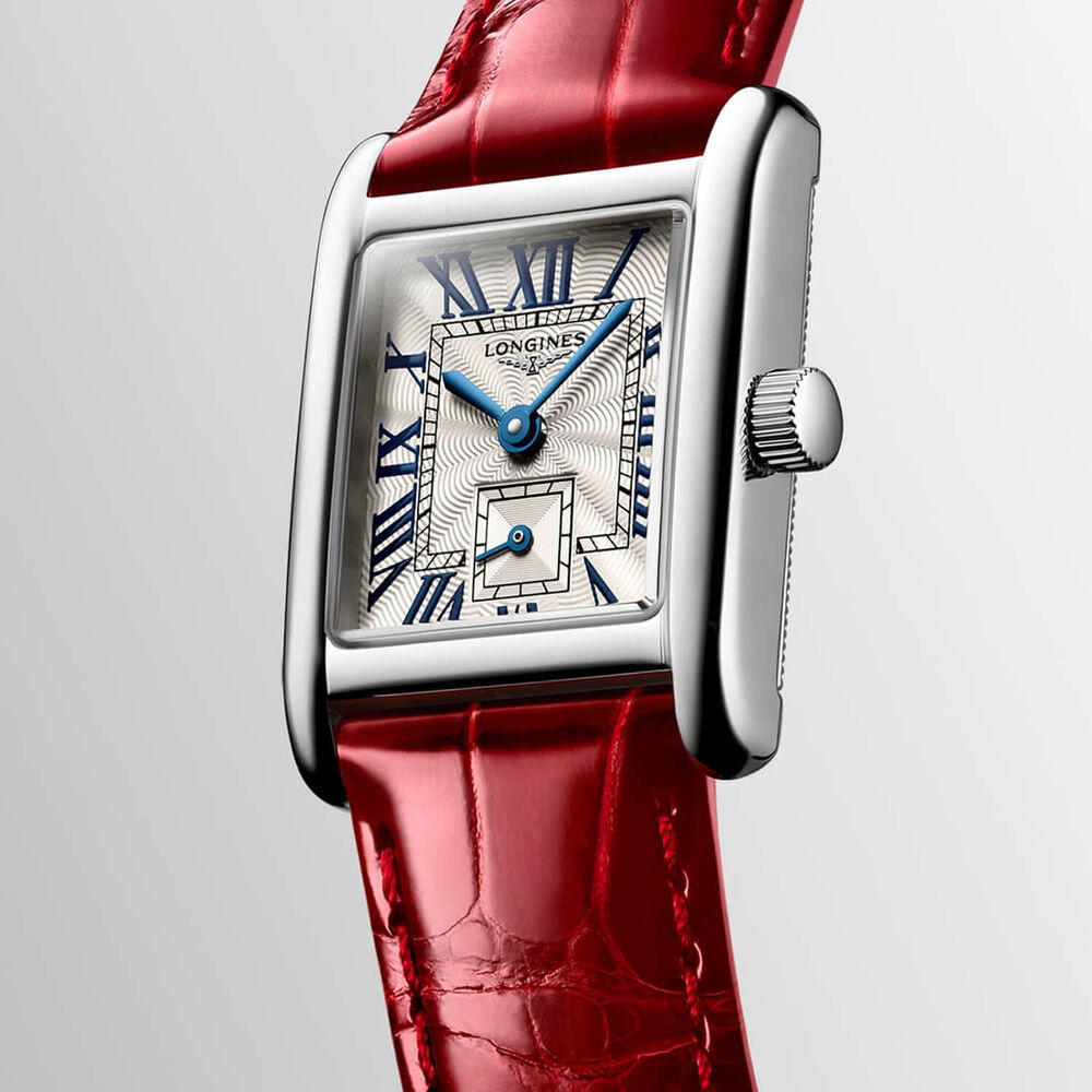 Longines MiniDolcevita 2023 29 X 21.50mm Silver "flinqué" Dial Red Strap Watch image number 4