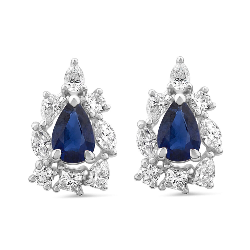 9ct White Gold Sapphire & 0.49ct Mixed Cuts Halo Diamond Stud Earrings image number 0