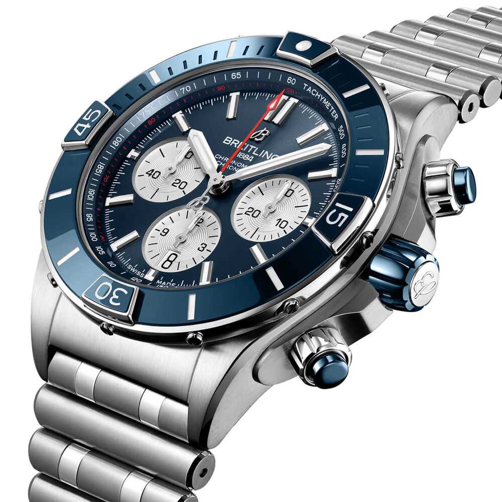 Breitling Super Chronomat 44mm Silver Subdials Blue Ceramic Case Watch