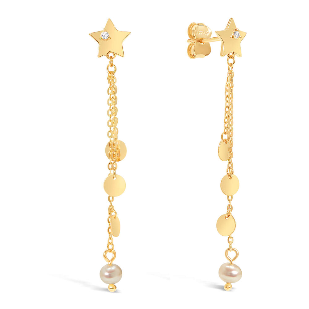 9ct Yellow Gold Star Pearl and Disc Drop Earrings image number 1