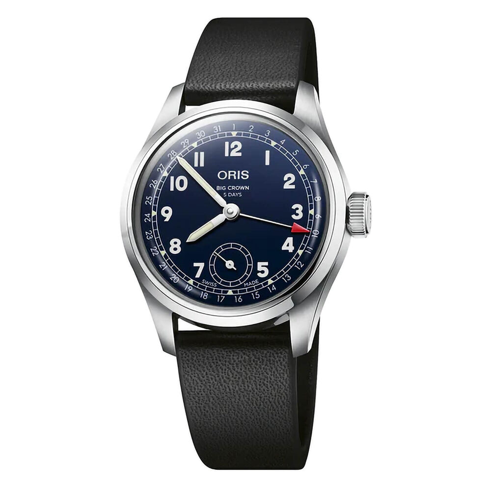 Oris Big Crown Pointer Date 38mm Blue Dial Steel Case Black Leather Strap Watch