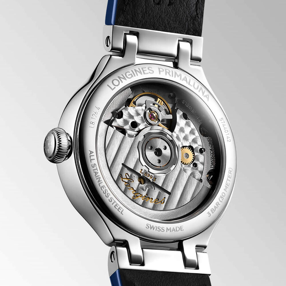 Longines Elegance Primaluna 34mm Moonphase Silver Dial Blue Leather Strap Watch image number 3