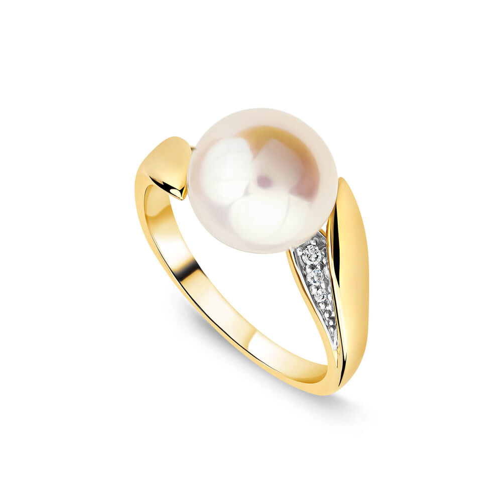 9ct Yellow Gold Freshwater Pearl 0.04ct Diamond Set Twist Shoulders Ring image number 0