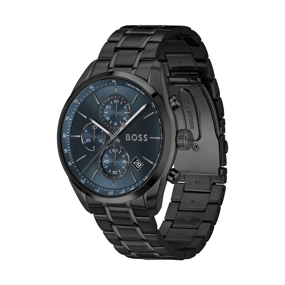 BOSS Grand Prix 44mm Blue Dial Black Steel Bracelet Chronograph Watch image number 2