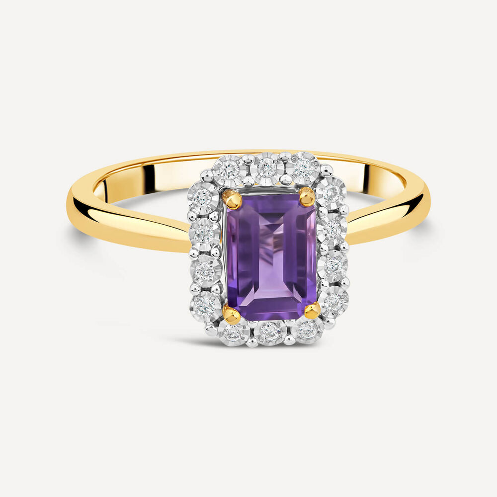9ct Yellow Gold Rectangular Amethyst Centre 0.06ct Diamond Halo Ring image number 2