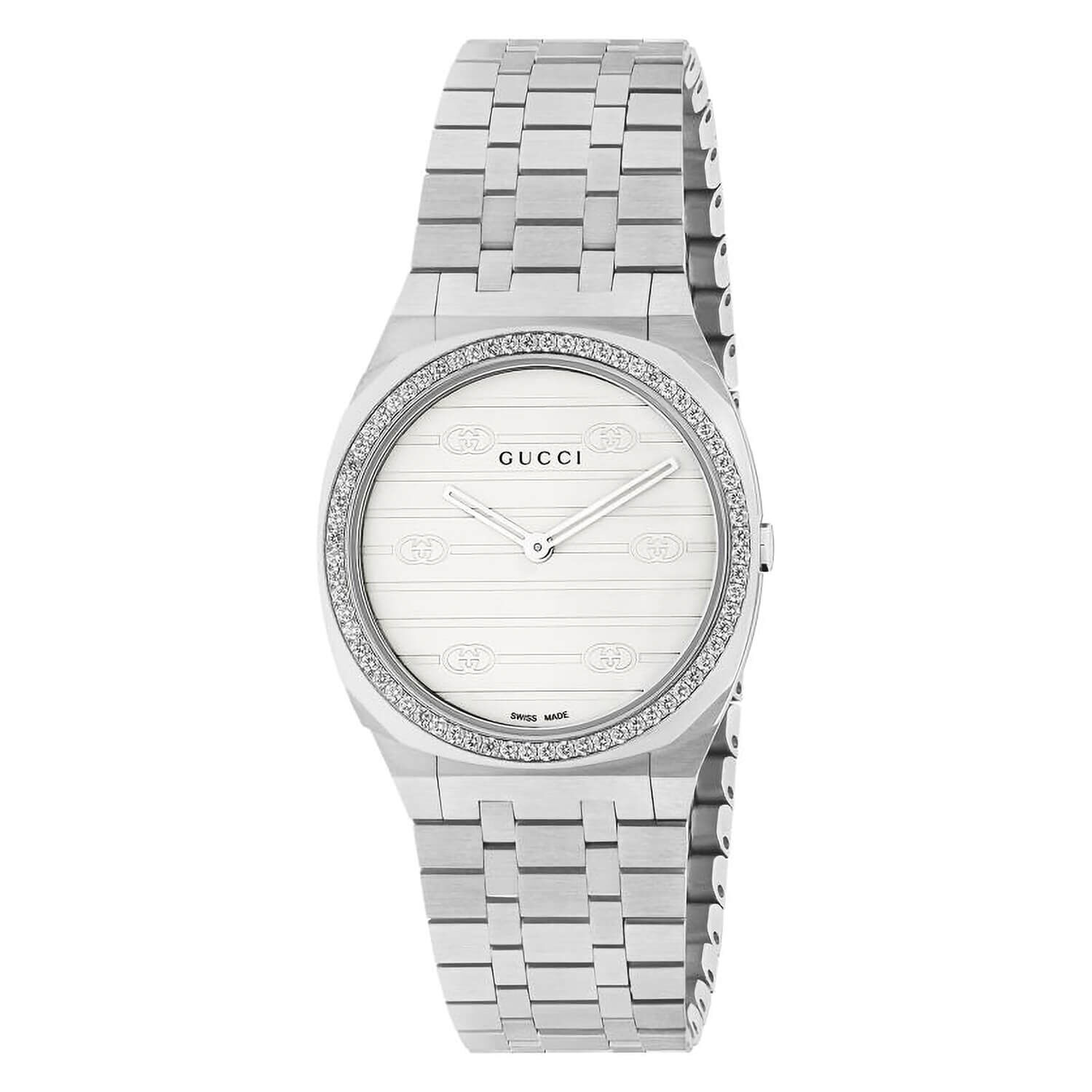 Gucci 25H 30mm White Dial Steel Case Bracelet Watch at Fraser Hart