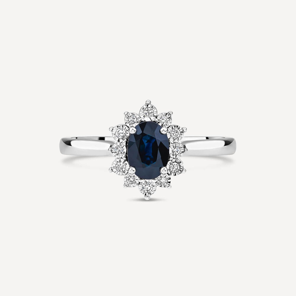 9ct White Gold Oval Sapphire Diamond Cluster Ring image number 1