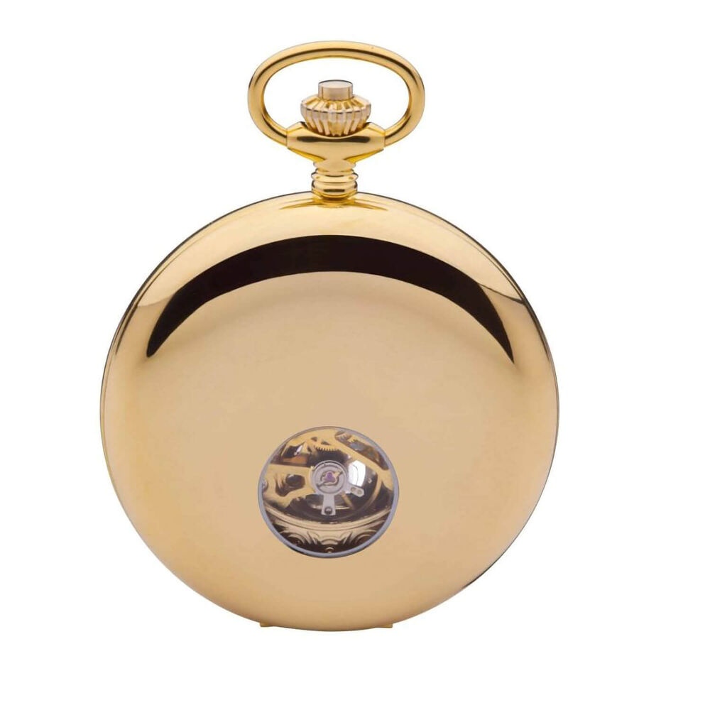 Jean Pierre Yellow Gold Plated Mechanical Double Half Hunter Heartbeat Window Pocket Watch image number 2