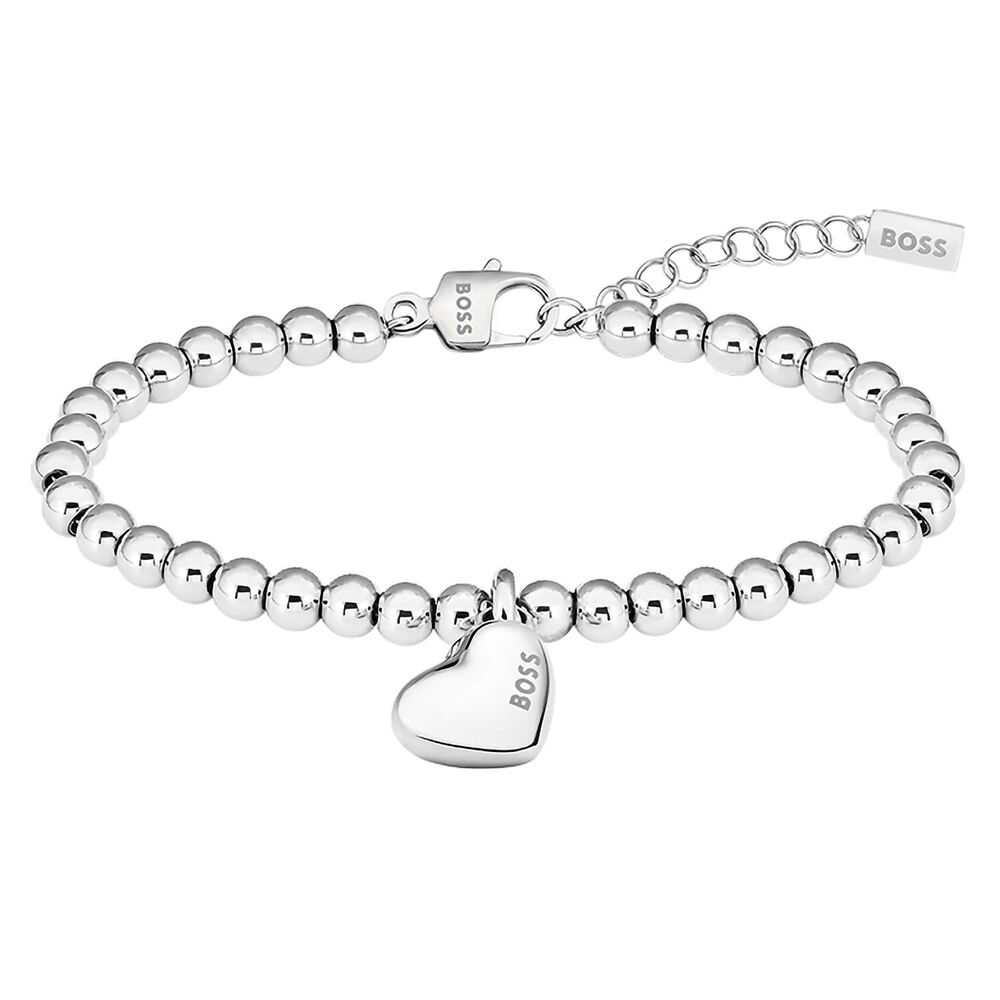 BOSS Stainless Steel Heart Pendant Beaded Bracelet