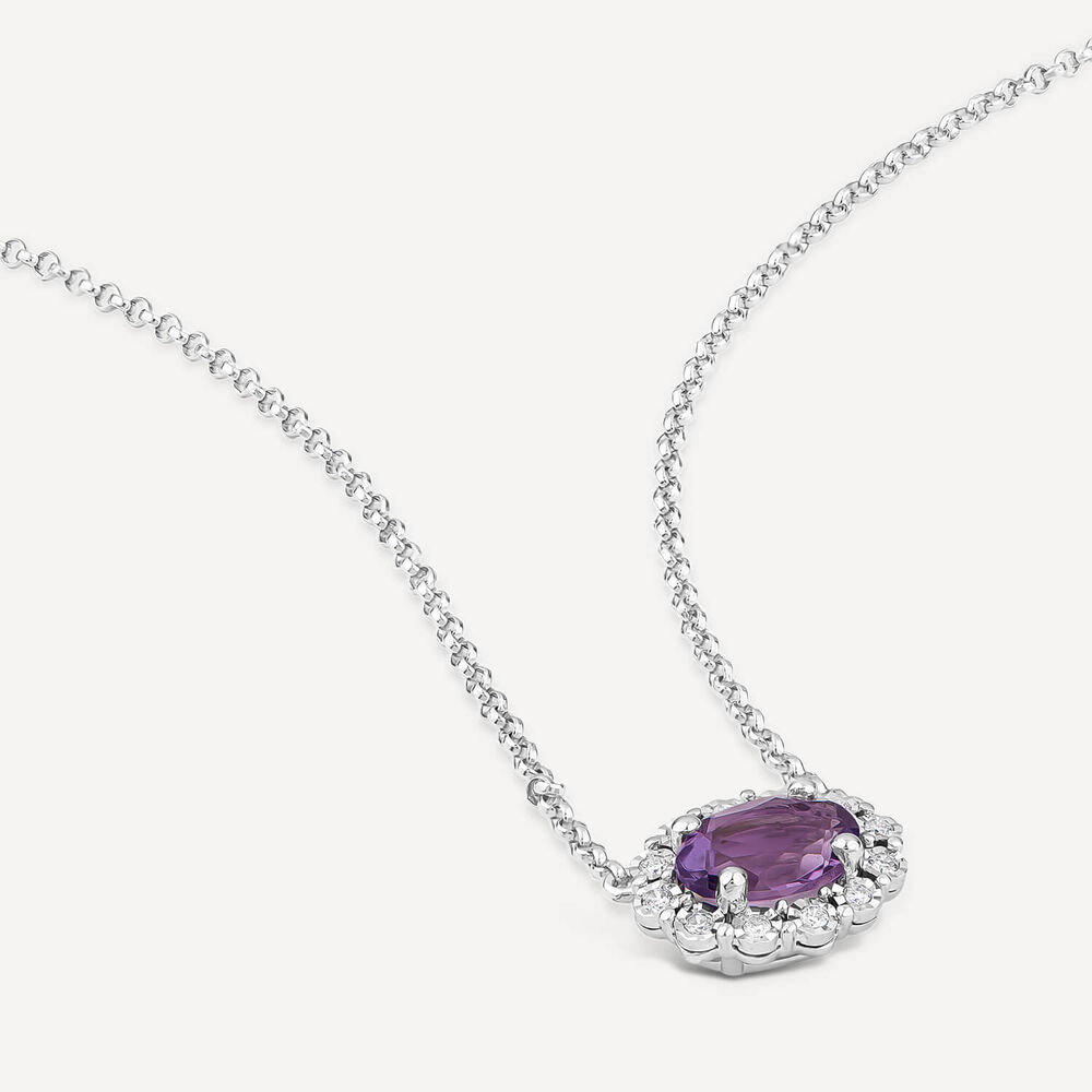 9ct White Gold Oval Amethyst 0.05ct Diamond Cluster Necklet image number 2