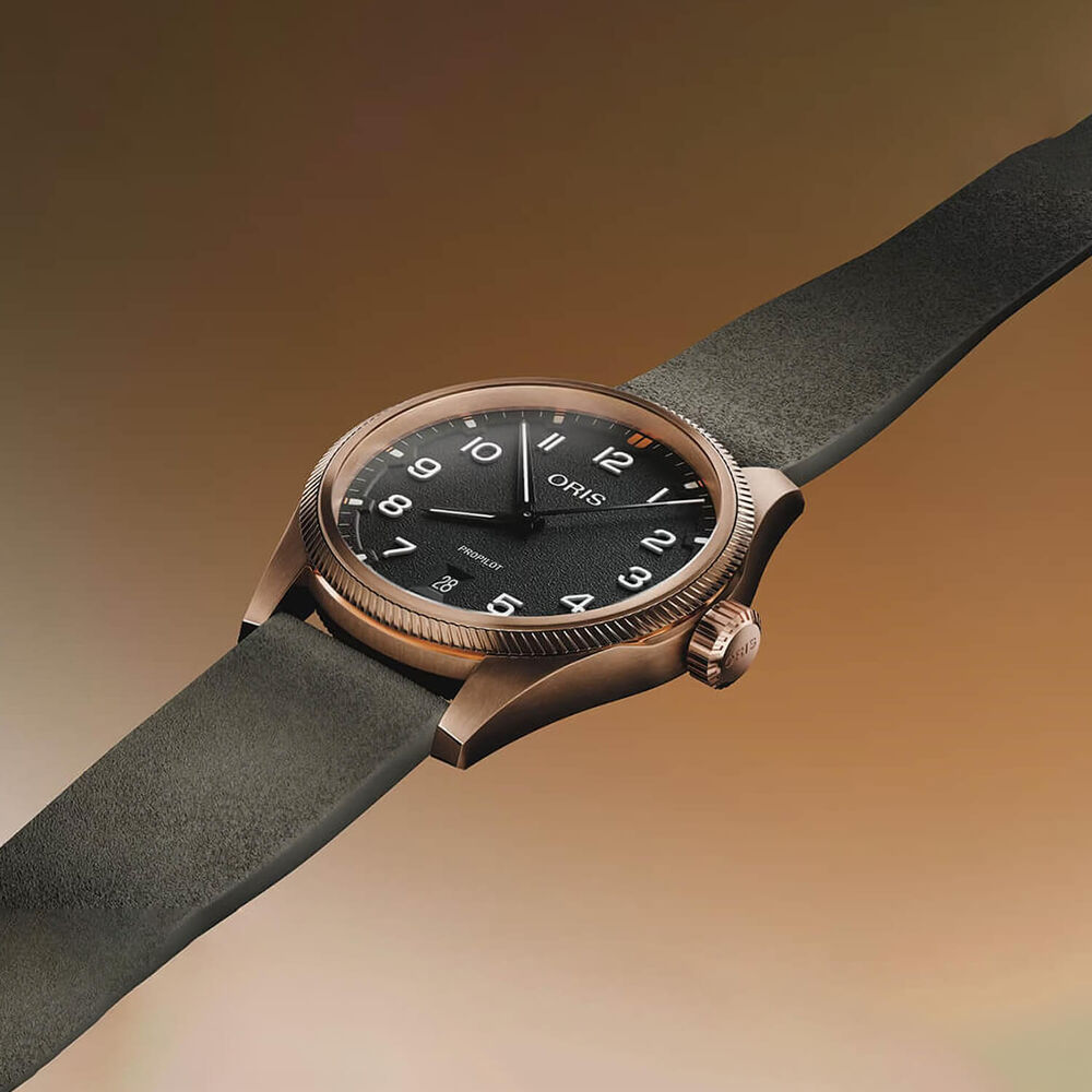 Oris Propilot Bronze 41mm Black Dial Dark Green Leather Strap Watch