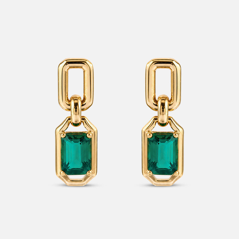 Yellow Gold Plated Vermeil Sterling Silver Created Emerald Rectangular Link Drop Earrings
