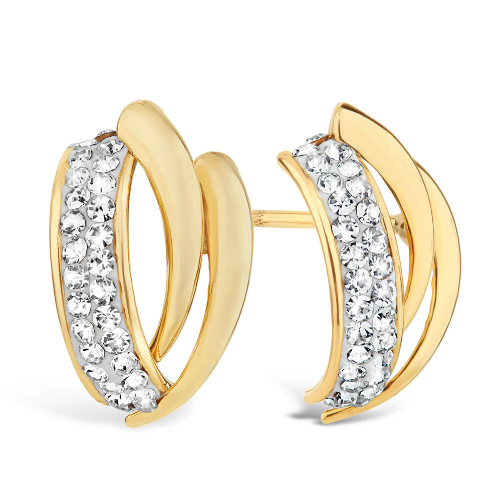 9ct Gold Pave Crystal Three Strand Curve Stud Earrings image number 2