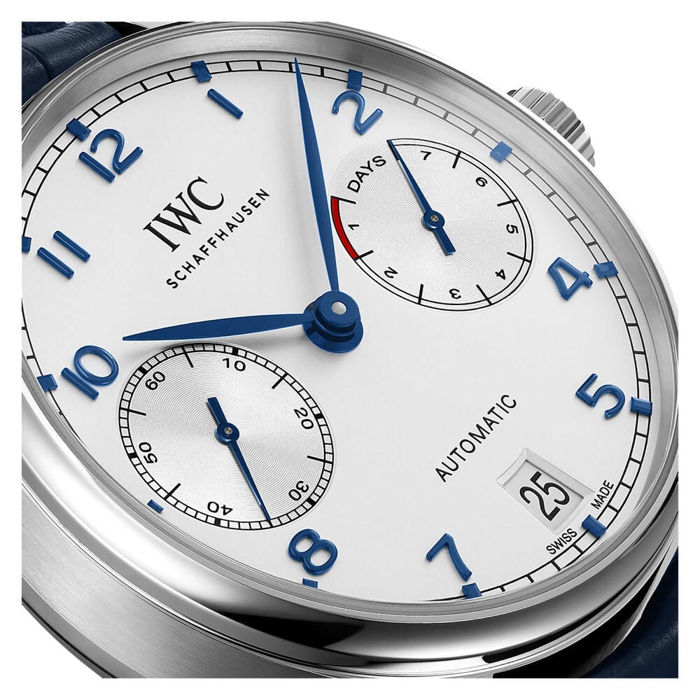 IWC Schaffhausen Portugieser Automatic Silver Dial Blue Strap Watch image number 3
