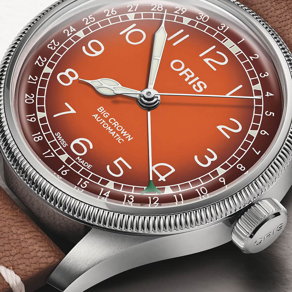 Oris x Cervo Volante Big Crown 40mm Orange Dial Brown Leather Strap Watch