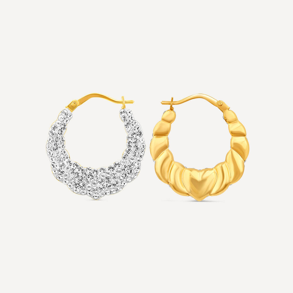 9ct Yellow Gold Two Colour Crystalique Heart Creole Hoop Earrings image number 2